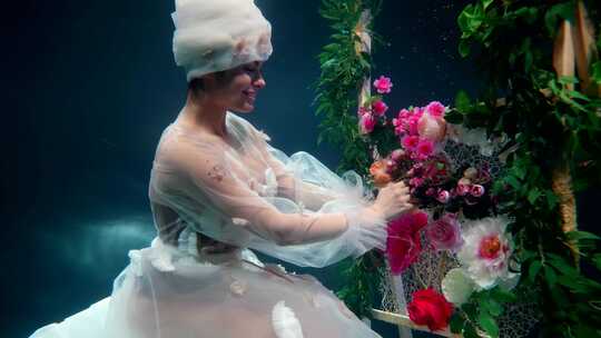 一个穿着白色连衣裙的美丽女人慢慢地在水下