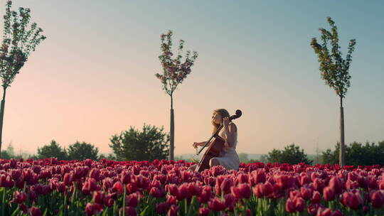 女孩在花园拉大提琴