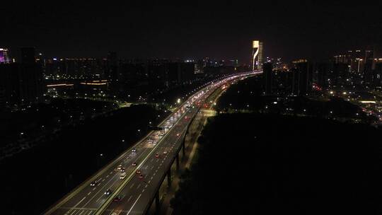 航拍杭州城市高架桥夜景