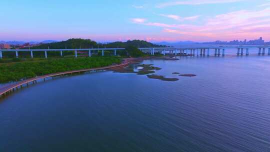 厦门翔安区湿地公园黄昏航拍景象