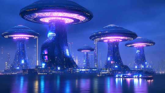 未来都市科幻建筑 巨型蘑菇城市景观夜景灯