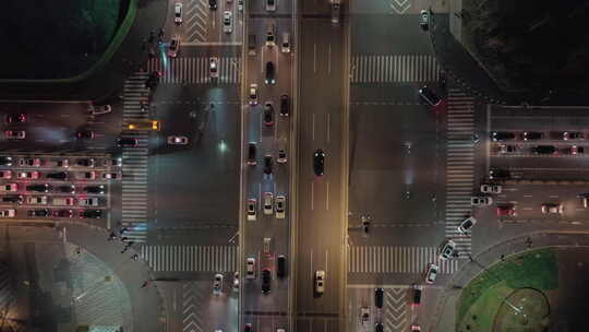 中国辽宁沈阳浑南区十字路口夜景航拍