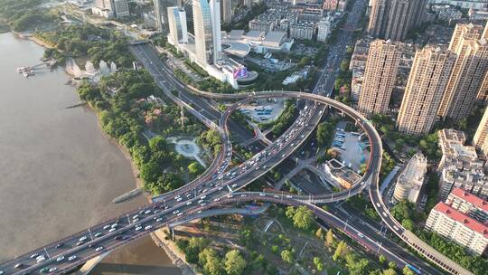 航拍福州闽江尤溪洲大桥道路江景