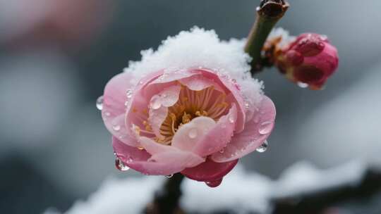 覆雪带露盛开的粉色梅花