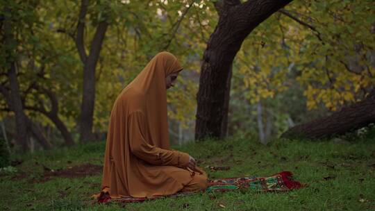 穆斯林女教徒在森林里祈祷