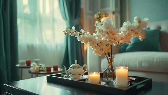 室内茶几上的茶具与装饰布置