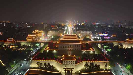 陕西西安永宁门夜景西安城墙夜景航拍