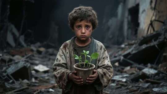 废墟中手持盆栽的儿童