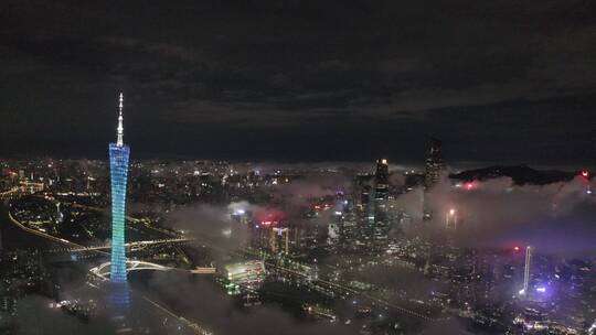 广州市中心珠江新城雨天夜景航拍