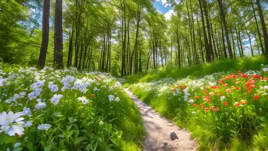 森林中鲜花小径风景