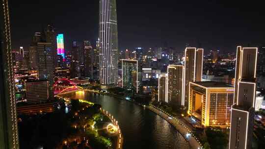 中国天津城市夜景灯光航拍