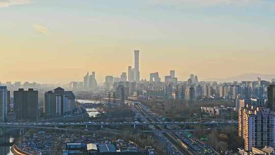 夕阳下北京国贸CBD城市天际线傍晚全景