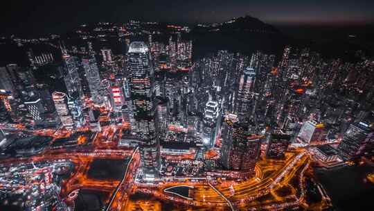 航拍香港城市夜景和海湾港口