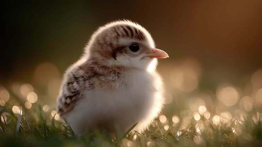 草地上毛茸茸的小鸟沐浴在金色阳光下