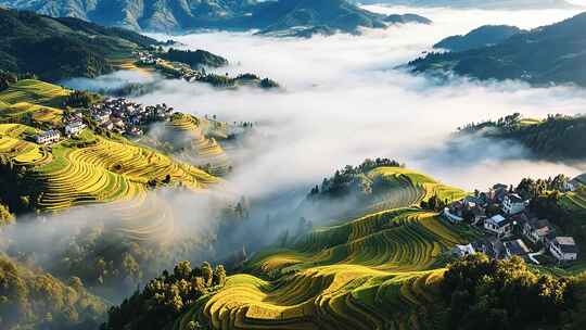 山间梯田云雾环绕美景