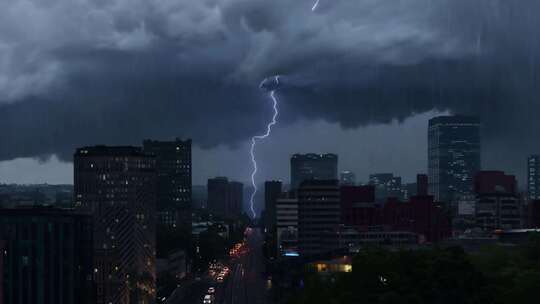 狂风暴雨电闪雷鸣城市乌云闪电