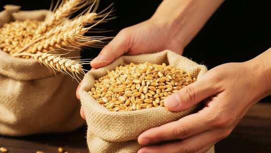双手捧麻袋中麦粒和麦穗