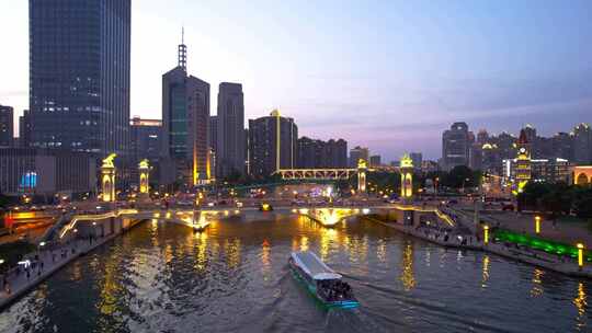 天津海河风景意识风情区日落城市风光航拍