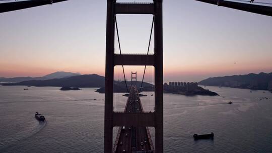 香港航拍青马大桥日落黄昏