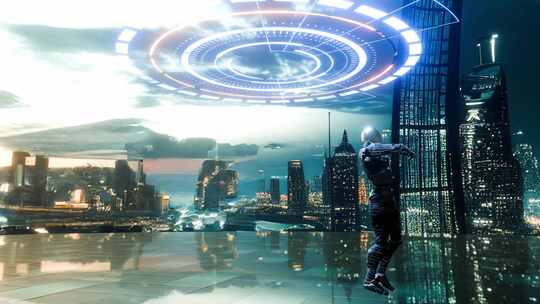 机器人眺望未来科技城市景观