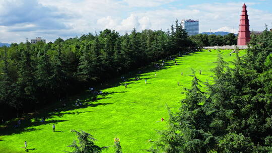 都市公园，绿色草地园林和休闲的人们