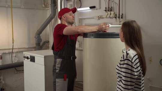 经验丰富的水管工在地下室向房主解释热水器