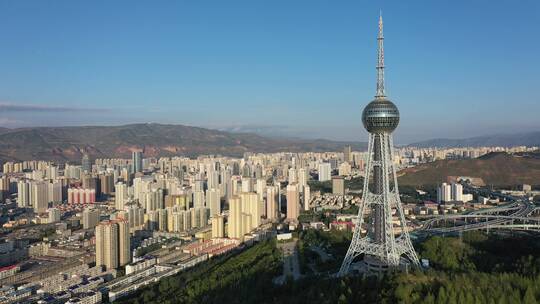 青海西宁浦宁之珠电视塔地标建筑城市风光