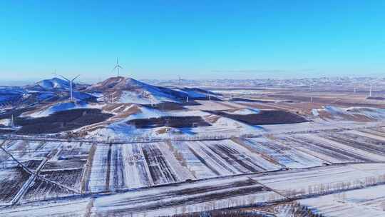 冬季承德丰宁坝上风电蓝天白云雪景航拍