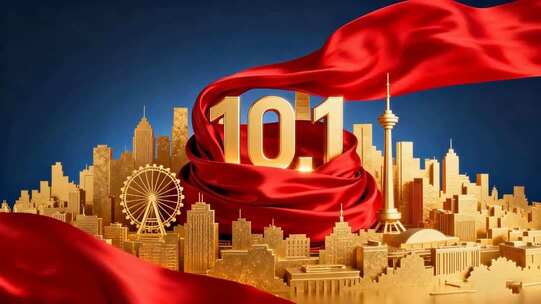 城市建筑与红色绸带3D素材