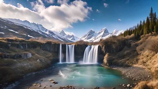 雪山下的壮美瀑布风景