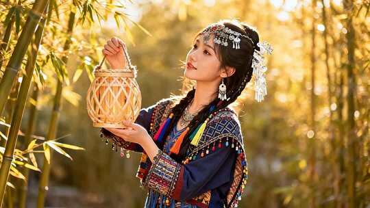 少数民族女子竹林持灯笼特写