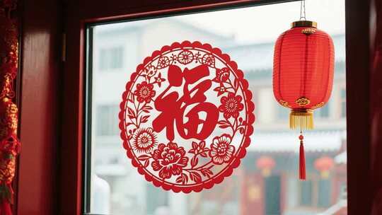 窗户上的新年福字与红灯笼