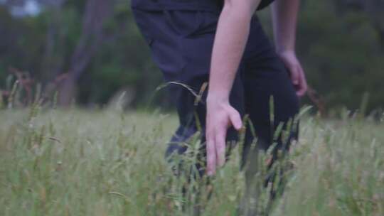 草丛中男人用手划过植被