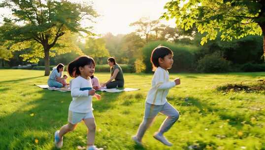 公园中儿童嬉戏与家人休憩场景