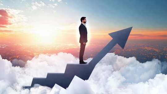 男子站在云端阶梯上眺望远方的画面