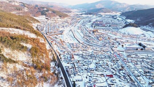 中国黑龙江冬季横道河子东北小镇雪乡航拍