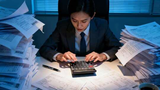 女白领深夜加班核对账单压力大场景
