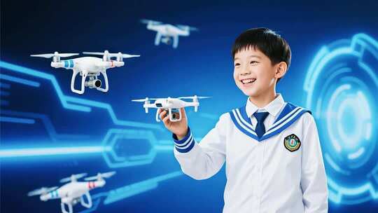 男孩手持操控无人机