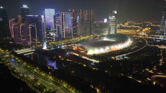 杭州城市地标风景夜晚夜景航拍风光美景浙江视频素材模板下载