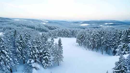 冬季山林雪景的航拍俯瞰全景