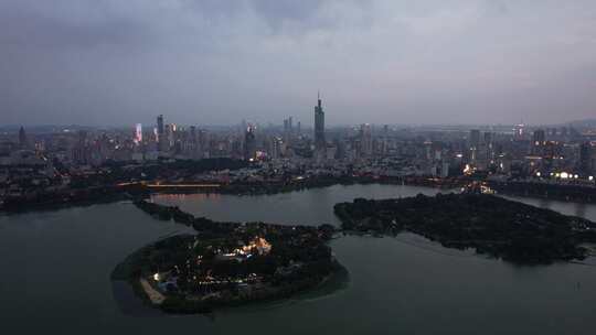 江苏南京夕阳晚霞夜幕降临夜景灯光航拍