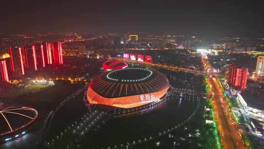航拍天津奥林匹克中心体育场夜景灯光秀
