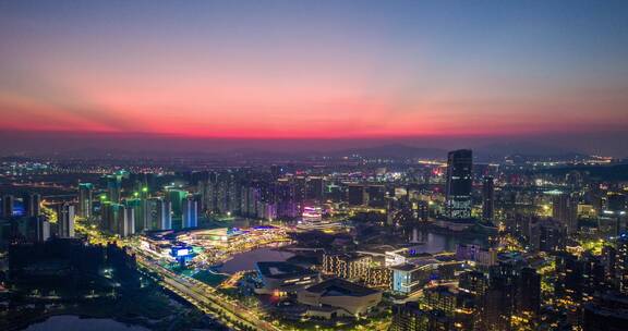 大湾区珠海金湾航空新城晚霞夜景航拍延时