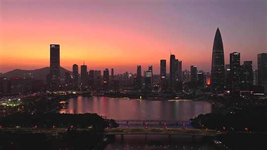 深圳湾城市晚霞夜景航拍