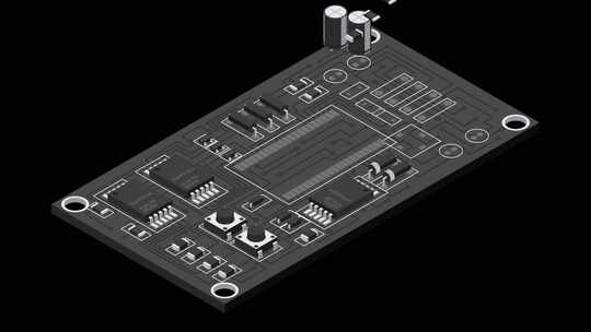 等距电子板动画。带有电子元件的等距印刷电