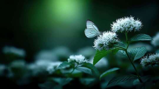 白蝶轻栖花间，绿意盎然生机无限