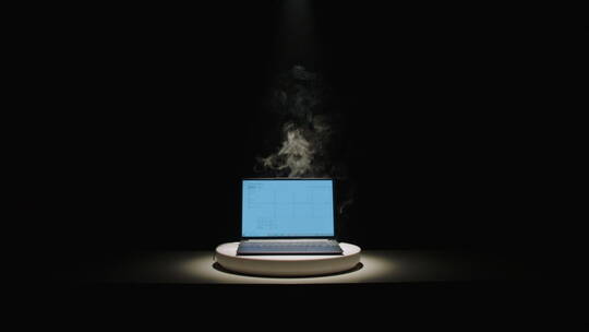 笔记本电脑 圆台摆拍 黑幕烟雾