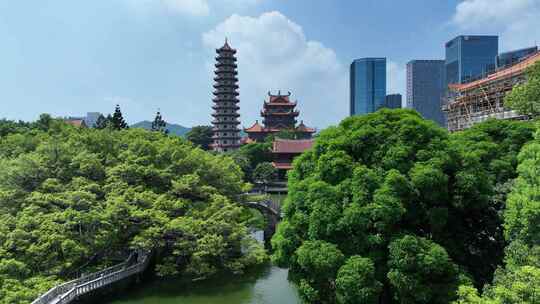 福州西禅古寺航拍城市寺庙古建筑景观风景