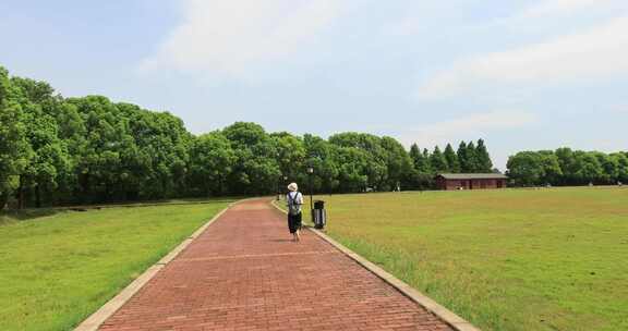 草坪人行道女人悠闲散步背影