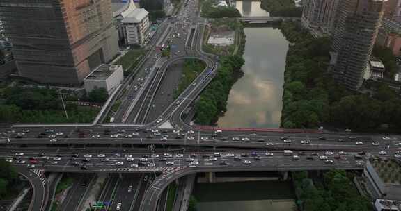 杭州城市交通中河高架环城北路夕阳航拍